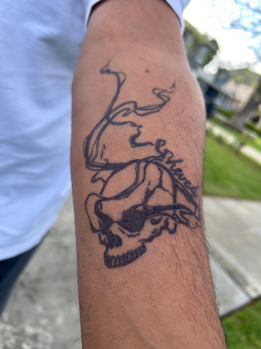 Hevel Skull Tattoo | Smoke Tattoo | 2 Week Temporary Tattoo | Semi Permanent Tattoo | Plant Based Vegan Tattoo | Festival Tattoo